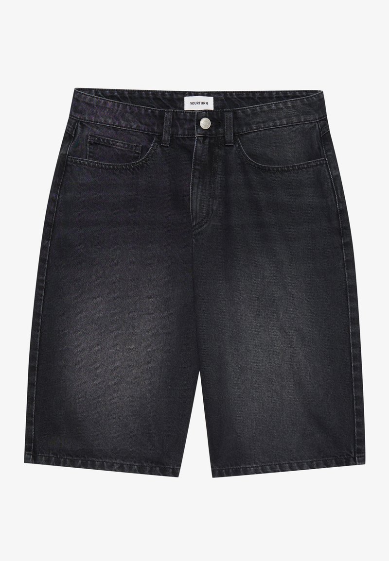 Zwarte denimshorts met een klassiek ontwerp. Met vijf zakken, gesloten met een knoop aan de voorkant en stiksel details. Soepele textuur en rechte snit.