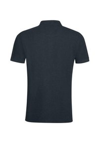 Temno modra polo majica s kratkimi rokavi, prikazana od zadaj z rebrastim ovratnikom in preprostim dizajnom.