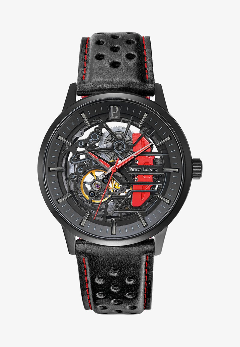 Orologio automatico scheletro con cassa in metallo nero. Cinturino in pelle nera con perforazioni e cuciture rosse. Caratteristiche principali: meccanismo visibile, accenti rossi.