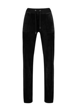 Črne plišaste hlače s črto v pasu, dvema stranskima žepoma, ožjim nogavicama in mehak, teksturiran končni obdelavi.