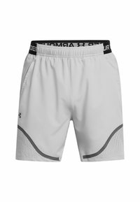 Pantalones cortos deportivos grises con una cinturilla negra que presenta el logo de "Under Armour", acentos de diseño curvados y paneles de malla texturizada en los lados.