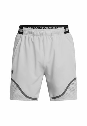 Graue Sportshorts mit einem schwarzen Bund, der das "Under Armour"-Logo trägt, gewölbten Designelementen und strukturierten Netzpaneelen an den Seiten.