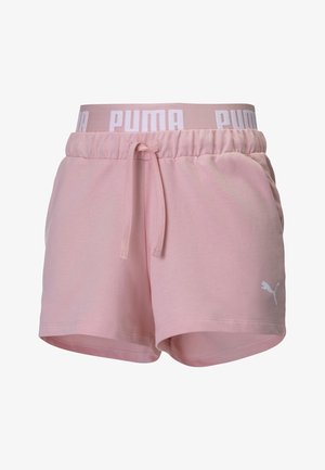 Pink athletic shorts with an elastic waistband, drawstring, side pockets, and a white Puma logo on the lower left. Soft fabric texture.