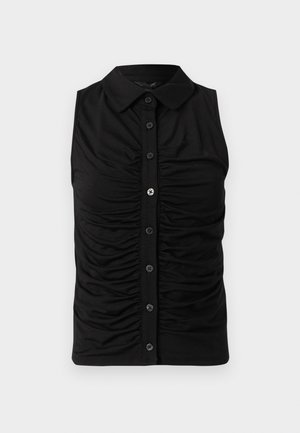 Top negru fără mâneci, cu nasturi și guler, decorat cu detalii plisate pe panoul central frontal.