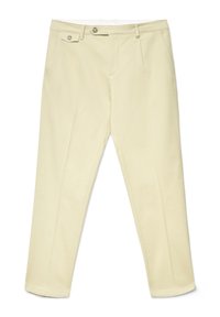 Hellgelbe Hose mit glatter Textur, zwei Vordertaschen, Knopfverschluss und geradem Bein.