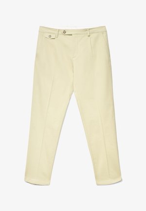 Hellgelbe Hose mit glatter Textur, zwei Vordertaschen, Knopfverschluss und geradem Bein.