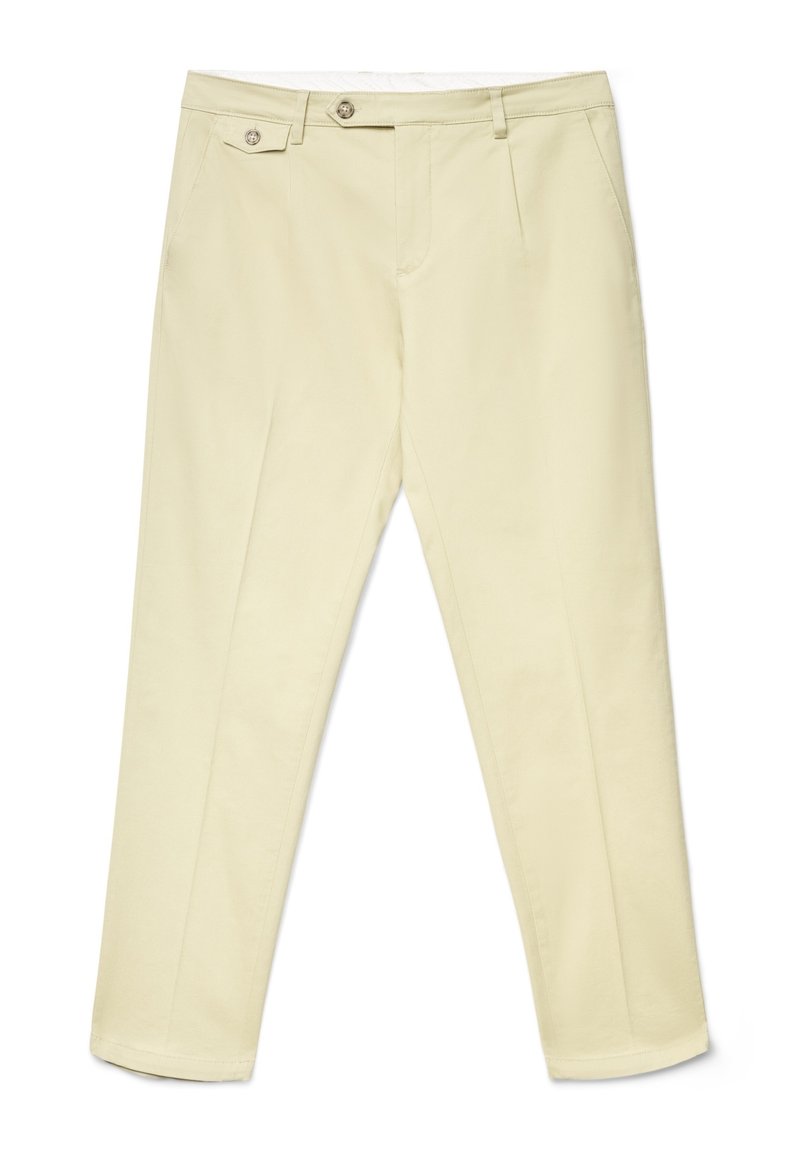 Hellgelbe Hose mit glatter Textur, zwei Vordertaschen, Knopfverschluss und geradem Bein.