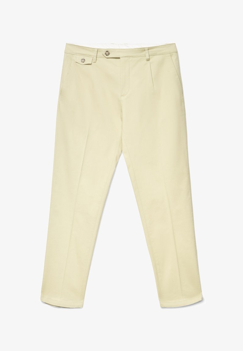 Hellgelbe Hose mit glatter Textur, zwei Vordertaschen, Knopfverschluss und geradem Bein.