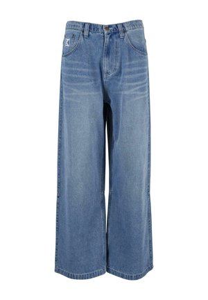 Wide-leg blue denim jeans with a high waist, front pockets, and stitched detail on the legs. Textured, faded finish with a relaxed fit.