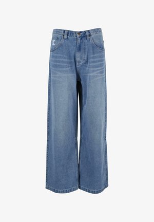 Jeans in denim blu a gamba larga con vita alta, tasche frontali e dettagli cuciti sulle gambe. Finitura testurizzata e sbiadita con una vestibilità comoda.