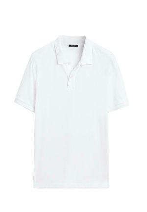 Witte polo met korte mouwen, kraag en een platte knoopsluiting met twee knopen, weergegeven op een effen achtergrond.