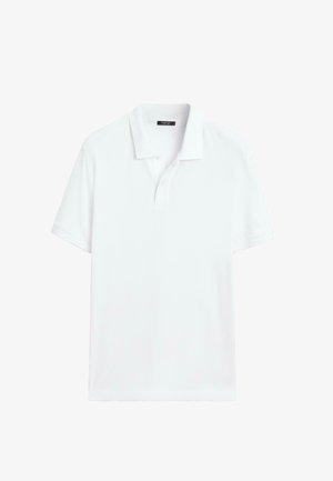 Witte polo met korte mouwen, kraag en een platte knoopsluiting met twee knopen, weergegeven op een effen achtergrond.