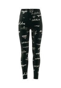 Leggings neri con una texture a coste, caratterizzati da loghi e grafiche stampati in bianco, inclusi i marchi Adidas e design astratti.