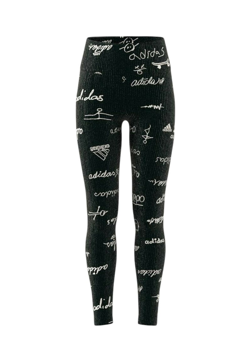 Leggings neri con una texture a coste, caratterizzati da loghi e grafiche stampati in bianco, inclusi i marchi Adidas e design astratti.