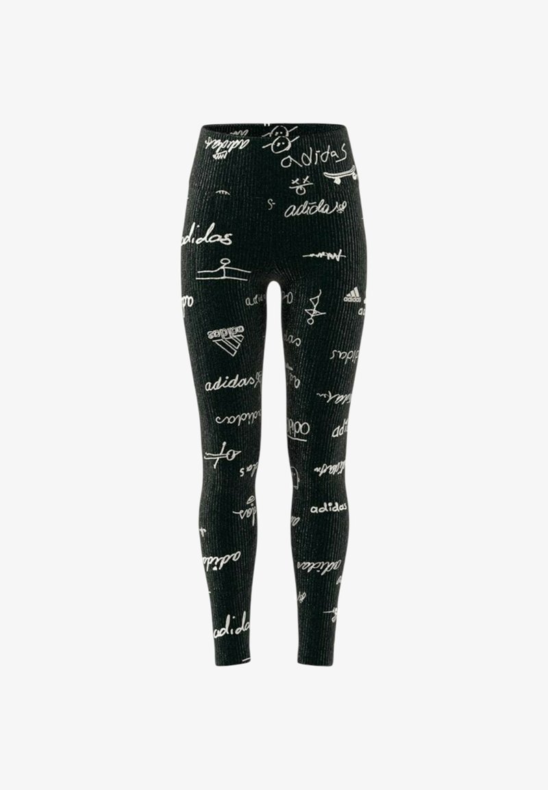 Leggings neri con una texture a coste, caratterizzati da loghi e grafiche stampati in bianco, inclusi i marchi Adidas e design astratti.