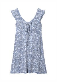 Blue floral dress with white flower pattern, short ruffled sleeves, v-neckline, and a tie detail at the front, made from lightweight fabric.