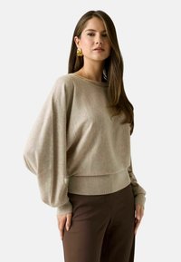 Maglione beige con scollo rotondo, orlo a coste e maniche lunghe a dolman. Texture liscia e morbida con una lucentezza sottile.