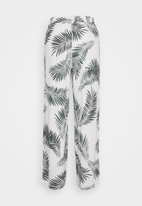 Białe spodnie wide-leg z zielonym wzorem liści palmowych, elastyczny pas, lekka tkanina i swobodny krój.