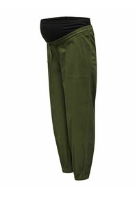 Olive green jogger pants z czarną elastyczną talią, z bocznymi kieszeniami i luźnym krojem. Wykonane z miękkiego materiału o gładkiej teksturze.
