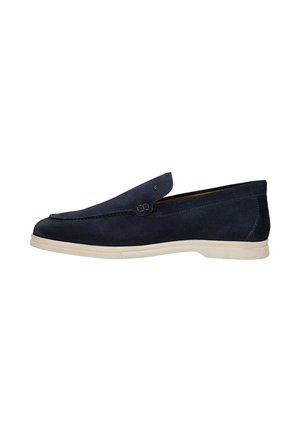Marineblaue Wildleder-Herrenschlupfschuhe mit weißer Gummisohle und minimalen Steppnähten, seitlich dargestellt.
