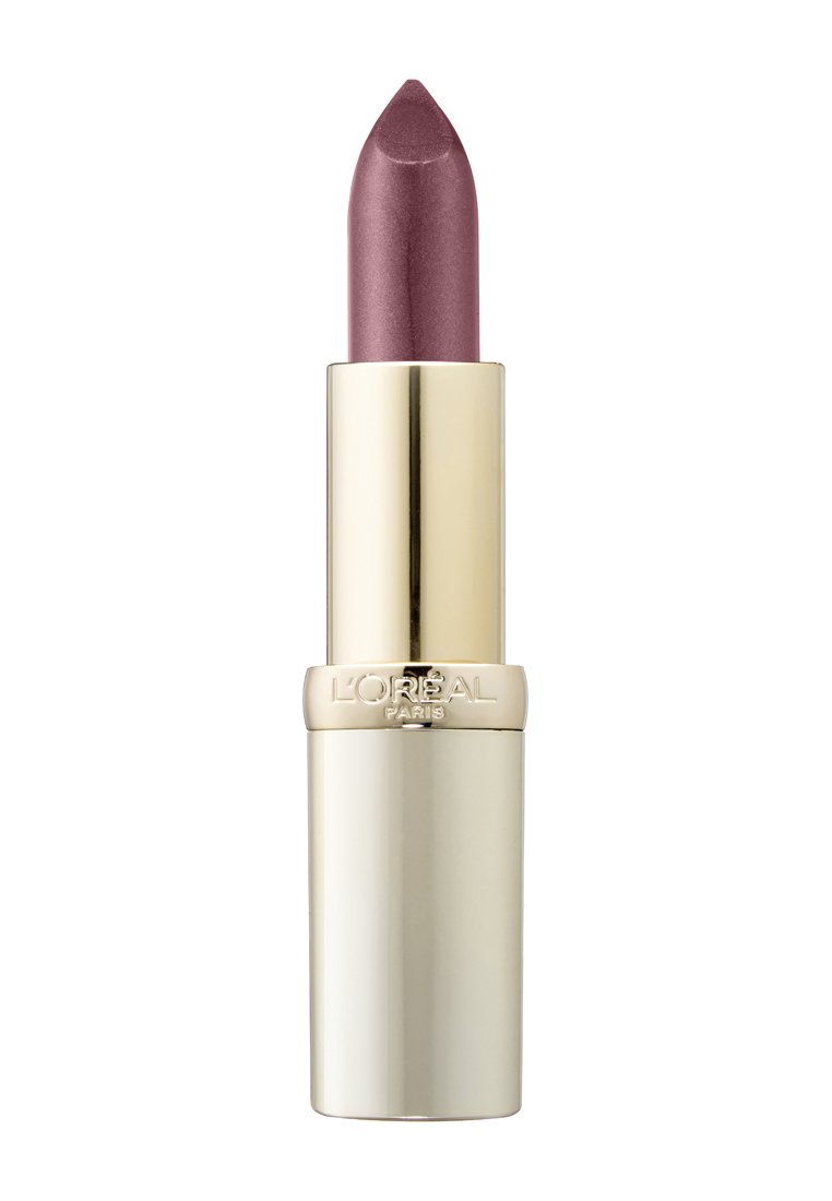 Rossetto in un tubo cilindrico dorato con punta affusolata. Il colore è una tonalità mauve lucida con una finitura brillante.