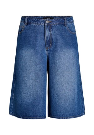Pantalones cortos de mezclilla azul hasta la rodilla con cierre frontal de botones y cremallera, trabillas para cinturón y bolsillos laterales, mostrados sobre un fondo blanco.