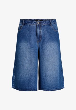 Short en jean bleu longueur genou avec fermeture avant par boutons et zip, passants de ceinture et poches latérales, présenté sur fond blanc.