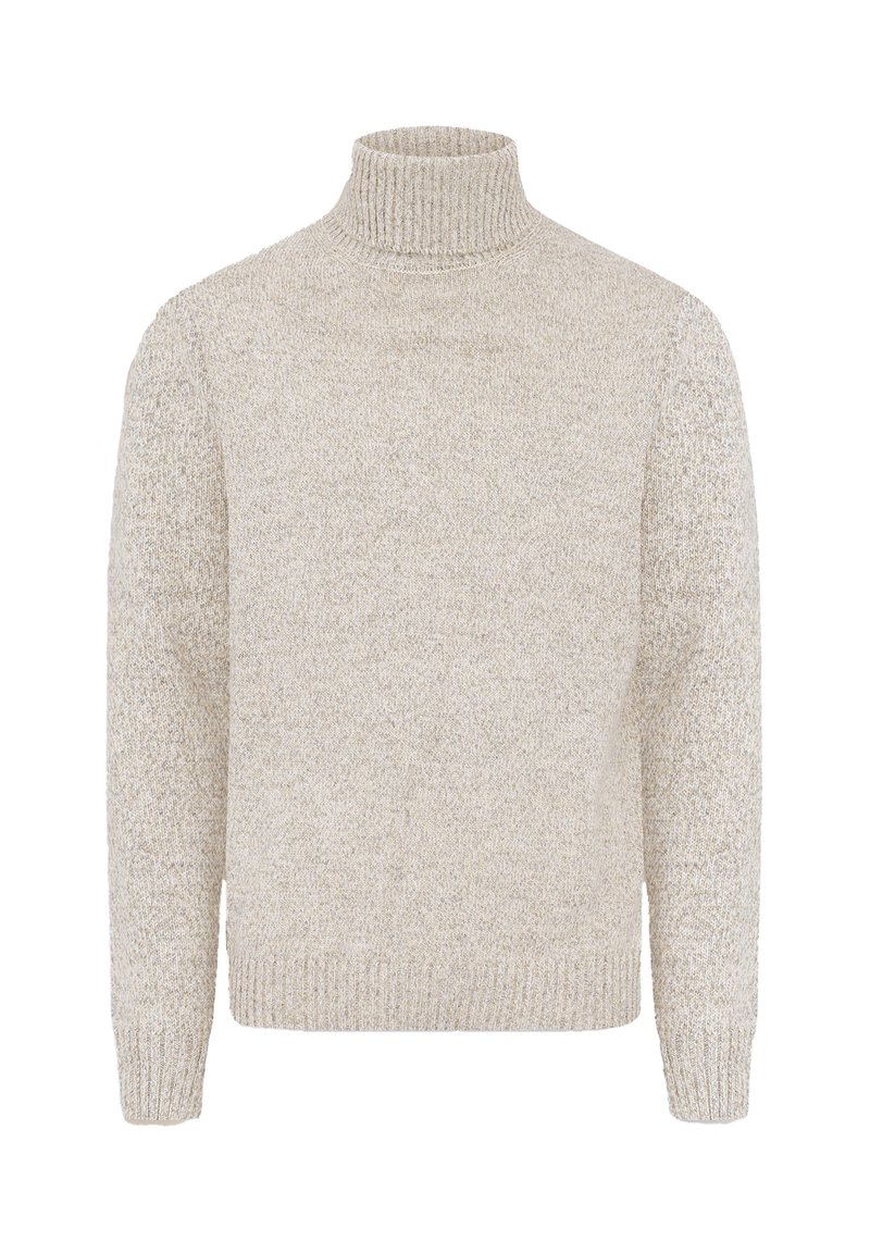 Maglione grigio chiaro a collo alto realizzato in un materiale a maglia testurizzato, con maniche lunghe e orlo e colletto a coste.