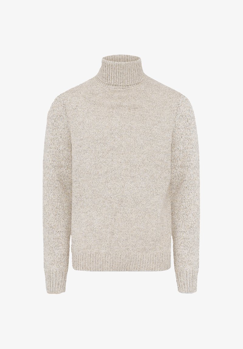 Lichtgrijze turtleneck trui van een gestructureerde breiwerkstof, met lange mouwen en een geribbelde zoom en kraag.