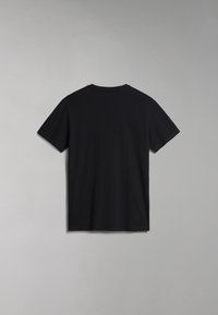 T-shirt noir à manches courtes avec un col rond classique, texture de tissu lisse et coupe droite. Sans motifs ni graphiques visibles.