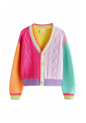 Colorful knit cardigan featuring pink, orange, lavender, and mint sections. Ribbed cuffs and hem, V-neckline, with multicolored buttons.