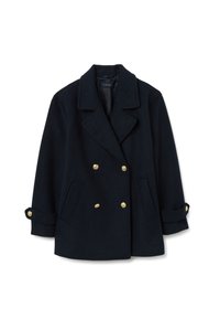 Cappotto doppiopetto in lana blu navy con ampi risvolti, bottoni dorati, tasche frontali e cinturini ai polsini.