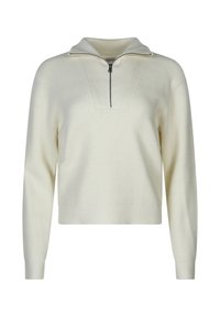 Pull en crème avec fermeture éclair à moitié, texture côtelée, manches longues et col haut.