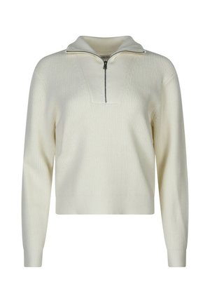 Pull en crème avec fermeture éclair à moitié, texture côtelée, manches longues et col haut.