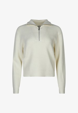 Pull en crème avec fermeture éclair à moitié, texture côtelée, manches longues et col haut.