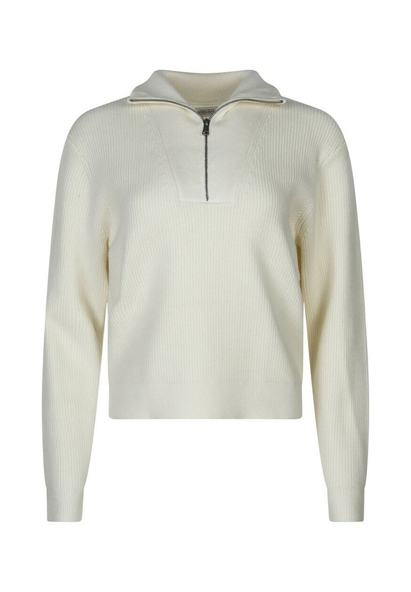 Pull en crème avec fermeture éclair à moitié, texture côtelée, manches longues et col haut.