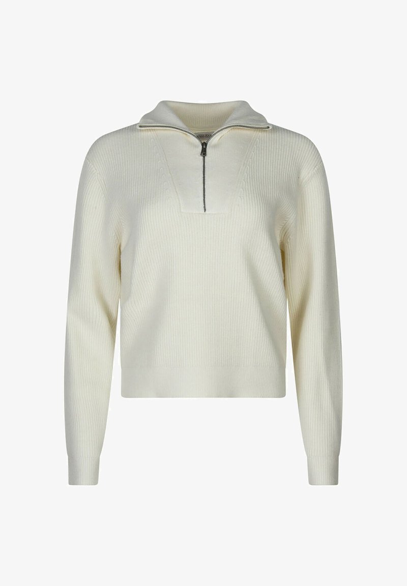 Pull en crème avec fermeture éclair à moitié, texture côtelée, manches longues et col haut.