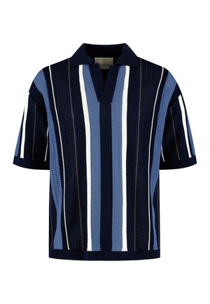 Gebreid poloshirt met korte mouwen en verticale strepen in marineblauw, blauw, wit en zwart, met een geribde kraag en een V-halsopening.
