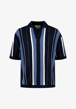 Gebreid poloshirt met korte mouwen en verticale strepen in marineblauw, blauw, wit en zwart, met een geribde kraag en een V-halsopening.