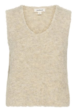 Chaleco sin mangas beige con escote en V profundo, hecho de una tela suave y texturizada. Presenta un corte holgado y un dobladillo ligeramente desigual.