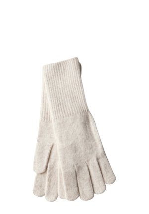Guanti a maglia beige chiaro con polsini a costine, caratterizzati da una morbida texture e un design a cinque dita per coprire ciascun dito.