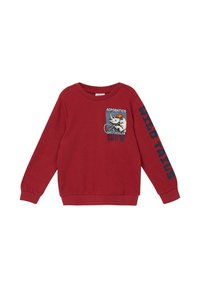 Rode langwerpige sweatshirt met een neushoornafbeelding in een helm, tekst 'Acrobatics Spectacular Show' en 'Wild Tails' op de mouw.