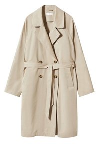 Manteau trench beige en tissu lisse, avec un grand col, un devant croisé à double boutonnière en doré, et une ceinture à nouer à la taille.