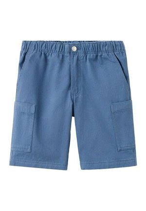 Shorts décontractés bleus mi-longueur avec taille élastique, bouton à l'avant, poches latérales et poches cargo sur les deux jambes.