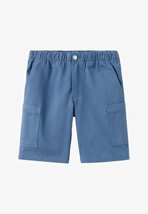 Shorts décontractés bleus mi-longueur avec taille élastique, bouton à l'avant, poches latérales et poches cargo sur les deux jambes.