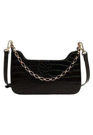 Black crocodile-patterned handbag with a smooth texture, featuring a gold-tone chain accent and adjustable shoulder strap.