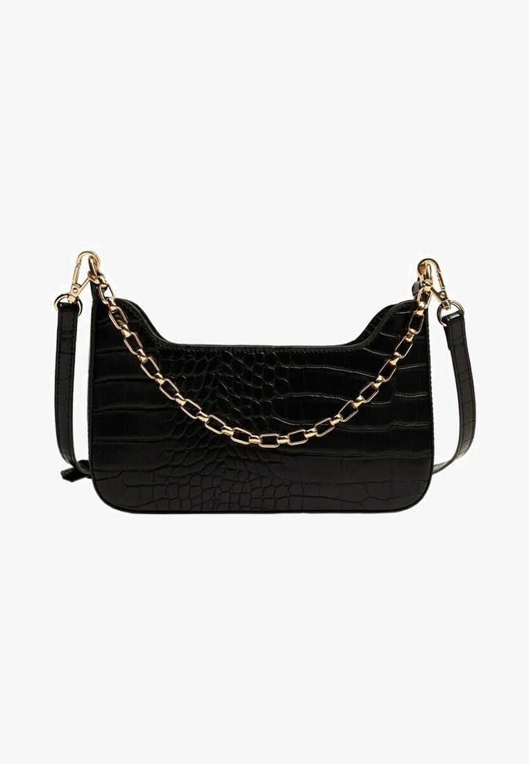 Black crocodile-patterned handbag with a smooth texture, featuring a gold-tone chain accent and adjustable shoulder strap.