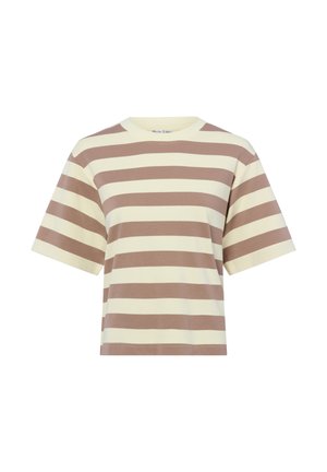 Koszulka z krótkim rękawem z szerokimi, poziomymi beżowymi i jasnobrązowymi paskami oraz okrągłym dekoltem.