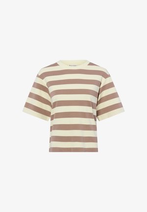 Koszulka z krótkim rękawem z szerokimi, poziomymi beżowymi i jasnobrązowymi paskami oraz okrągłym dekoltem.