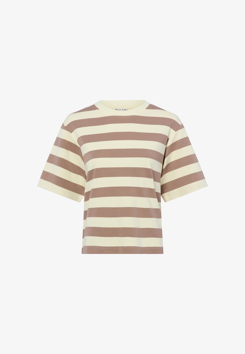 T-shirt à manches courtes avec larges rayures horizontales beige et marron clair et col rond.